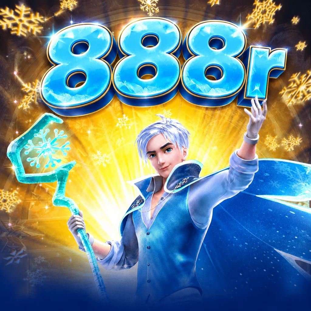 Logo 888r bernuansa es beku bersama karakter Jack Frost memegang tongkat kepingan salju