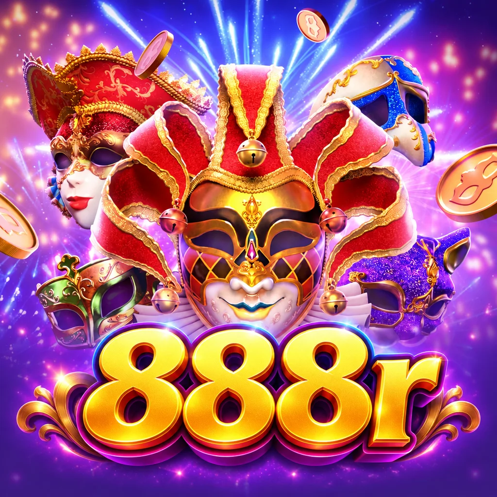Logo 888r dengan ilustrasi karnaval topeng Venesia Mask Carnival yang meriah