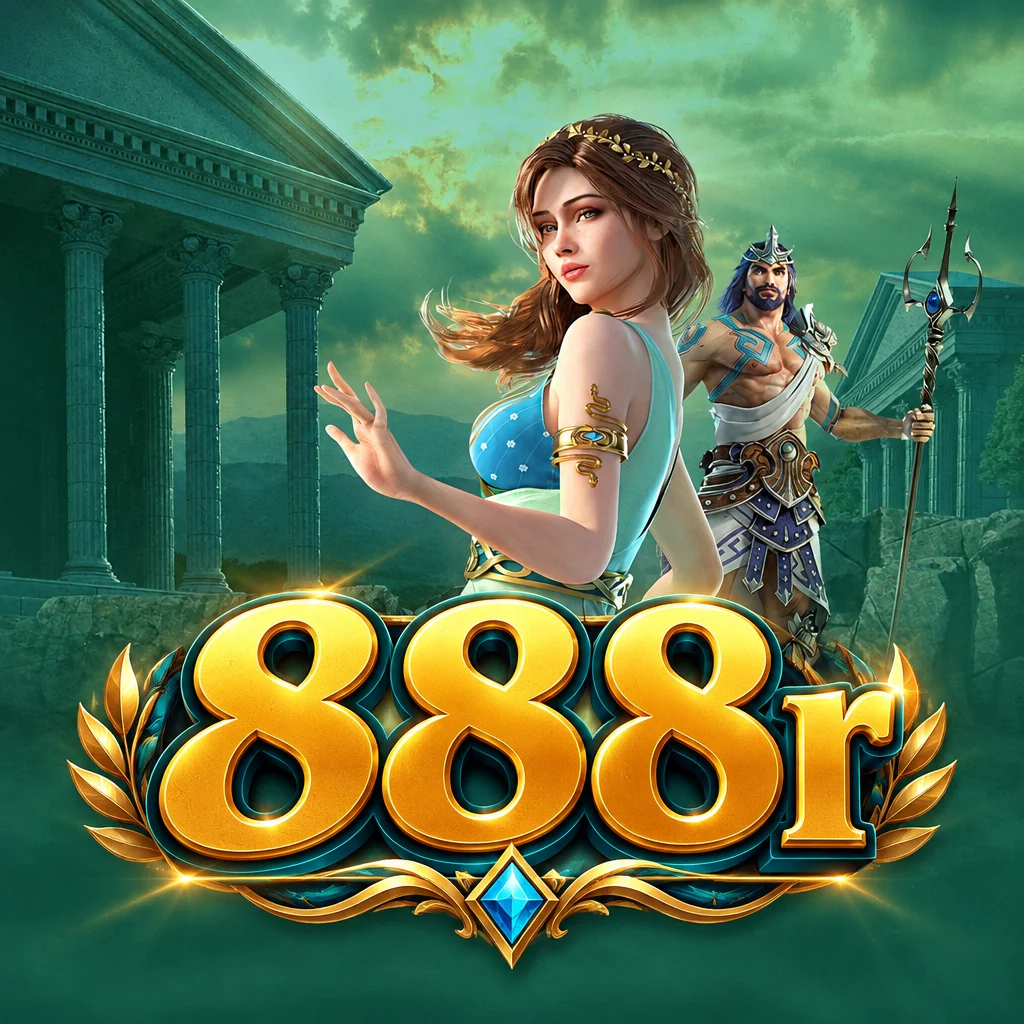 Logo 888r dengan karakter Medusa dan prajurit berlatar kuil Yunani kuno